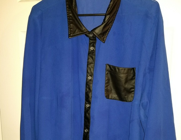 Blue Sheer Blouse with faux leather trim - Picture 2 of 2